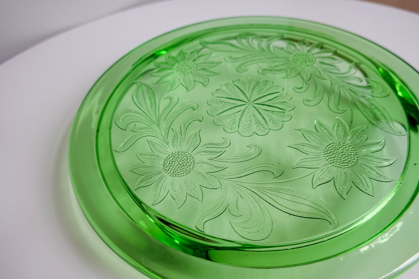 30's Uranium Glass - Vintage Footed Tray or Cake Stand with Flowers - "Jeannette Sunflower" - UV Reactive