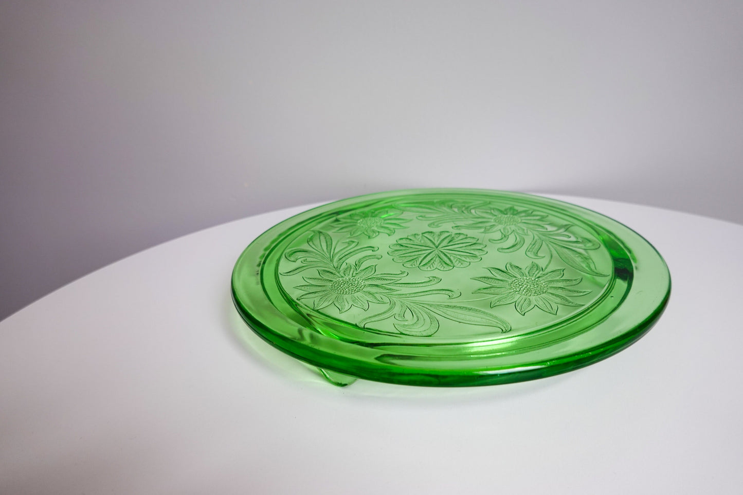 30's Uranium Glass - Vintage Footed Tray or Cake Stand with Flowers - "Jeannette Sunflower" - UV Reactive