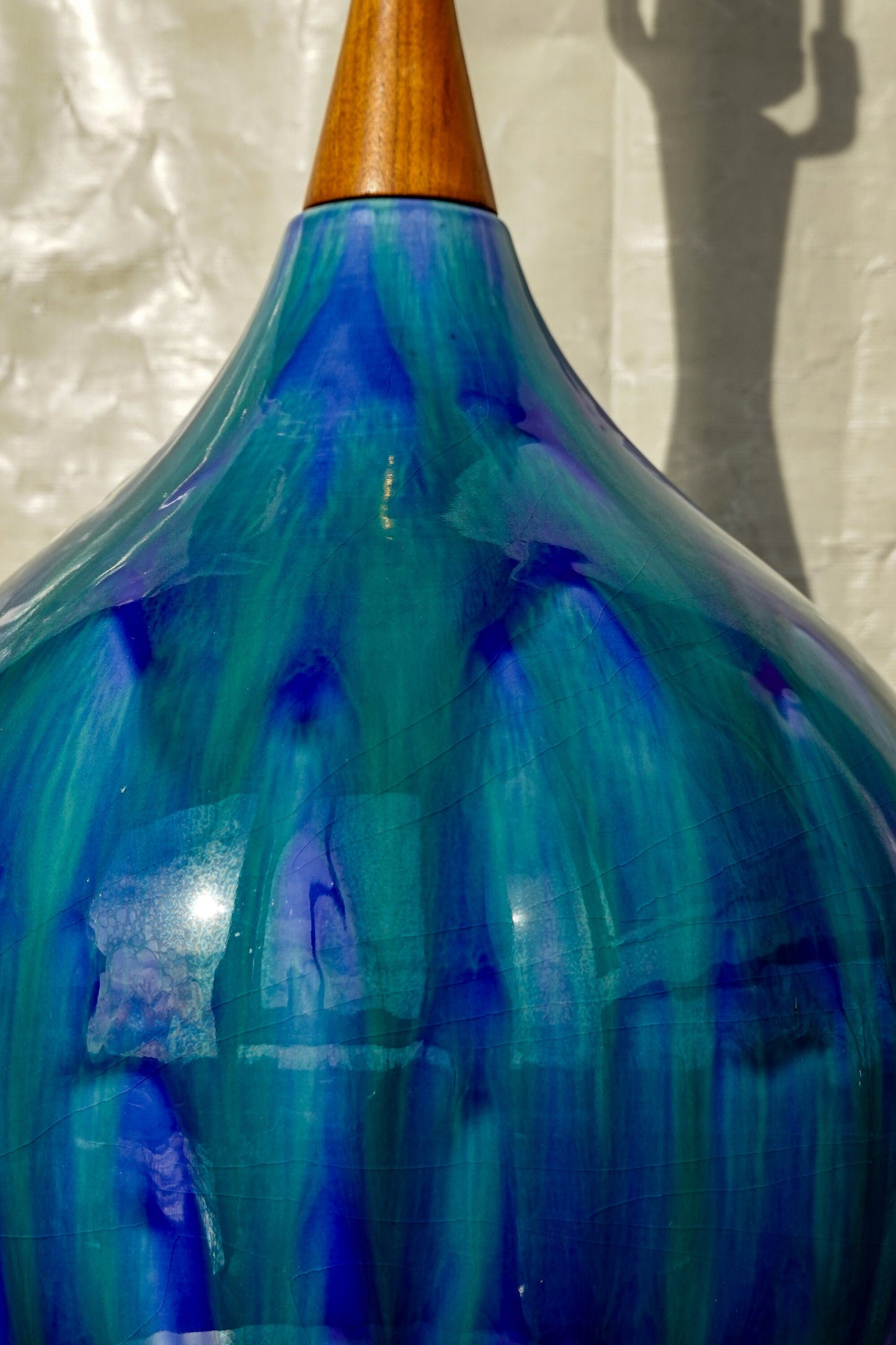 RESERVED 60's Atomic Ceramic Turquoise Drip Glaze Lamp - Vintage Mid-Century Large Lamp with Walnut Base and Shaft
