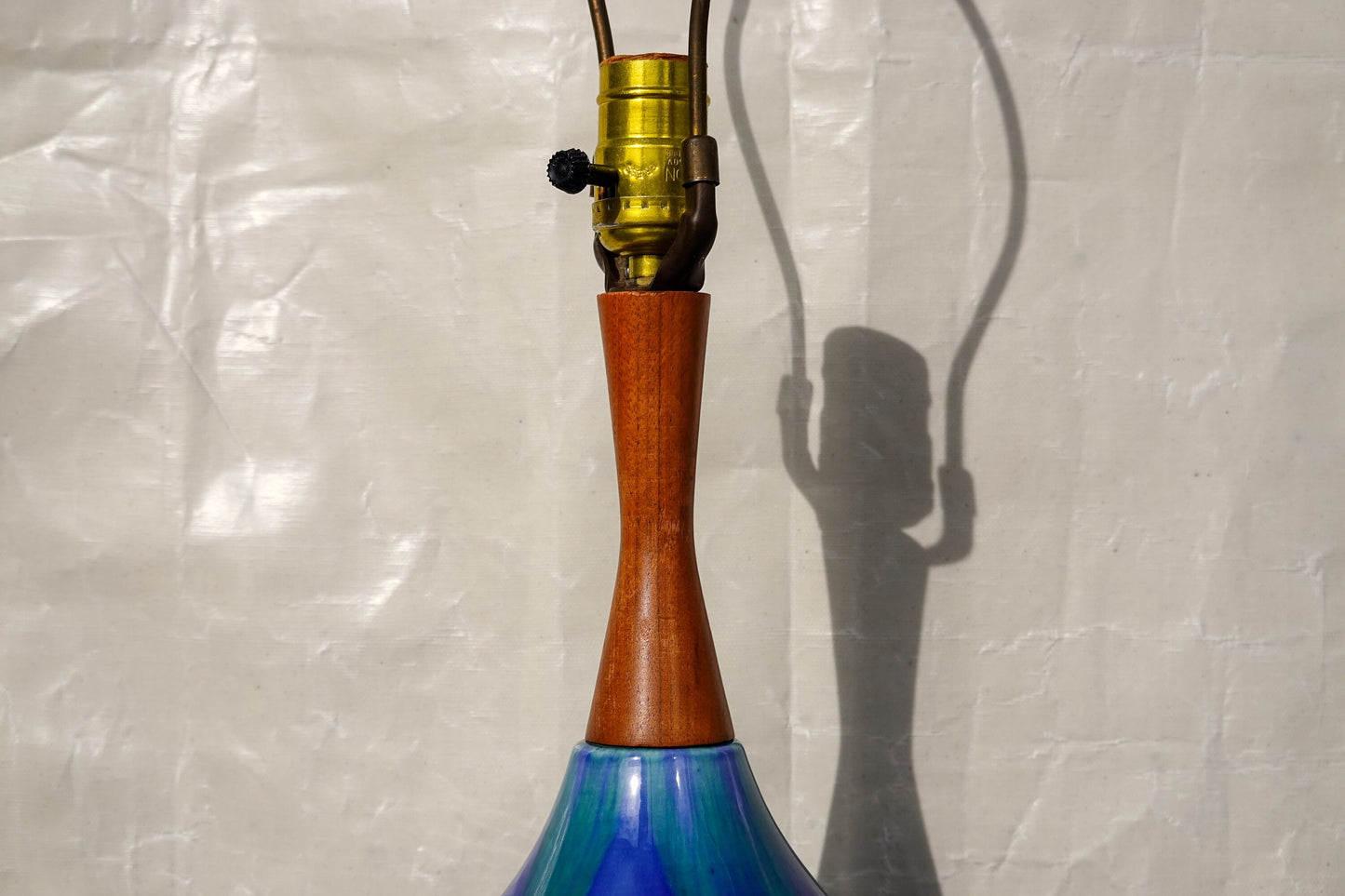RESERVED 60's Atomic Ceramic Turquoise Drip Glaze Lamp - Vintage Mid-Century Large Lamp with Walnut Base and Shaft