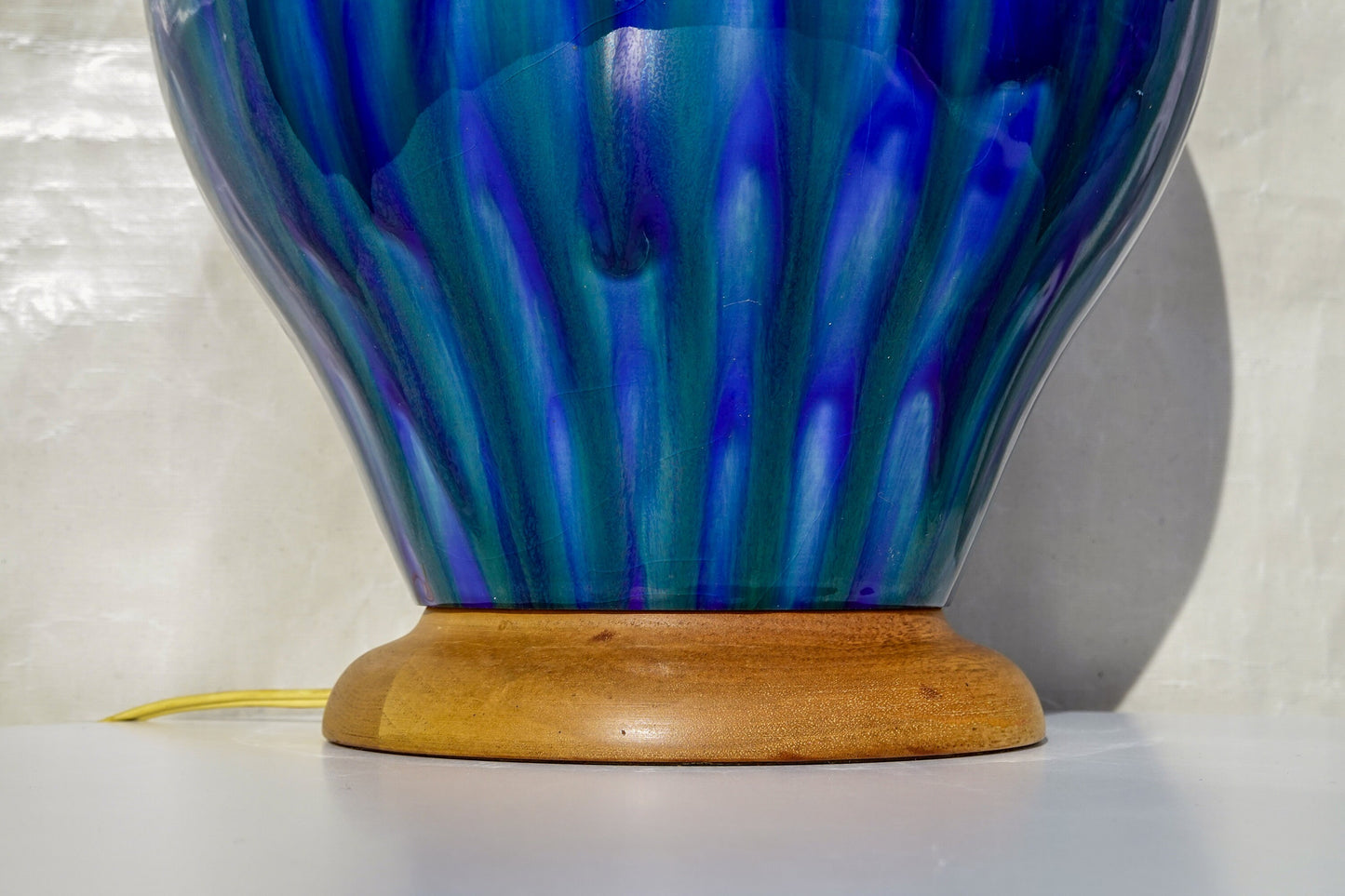 RESERVED 60's Atomic Ceramic Turquoise Drip Glaze Lamp - Vintage Mid-Century Large Lamp with Walnut Base and Shaft