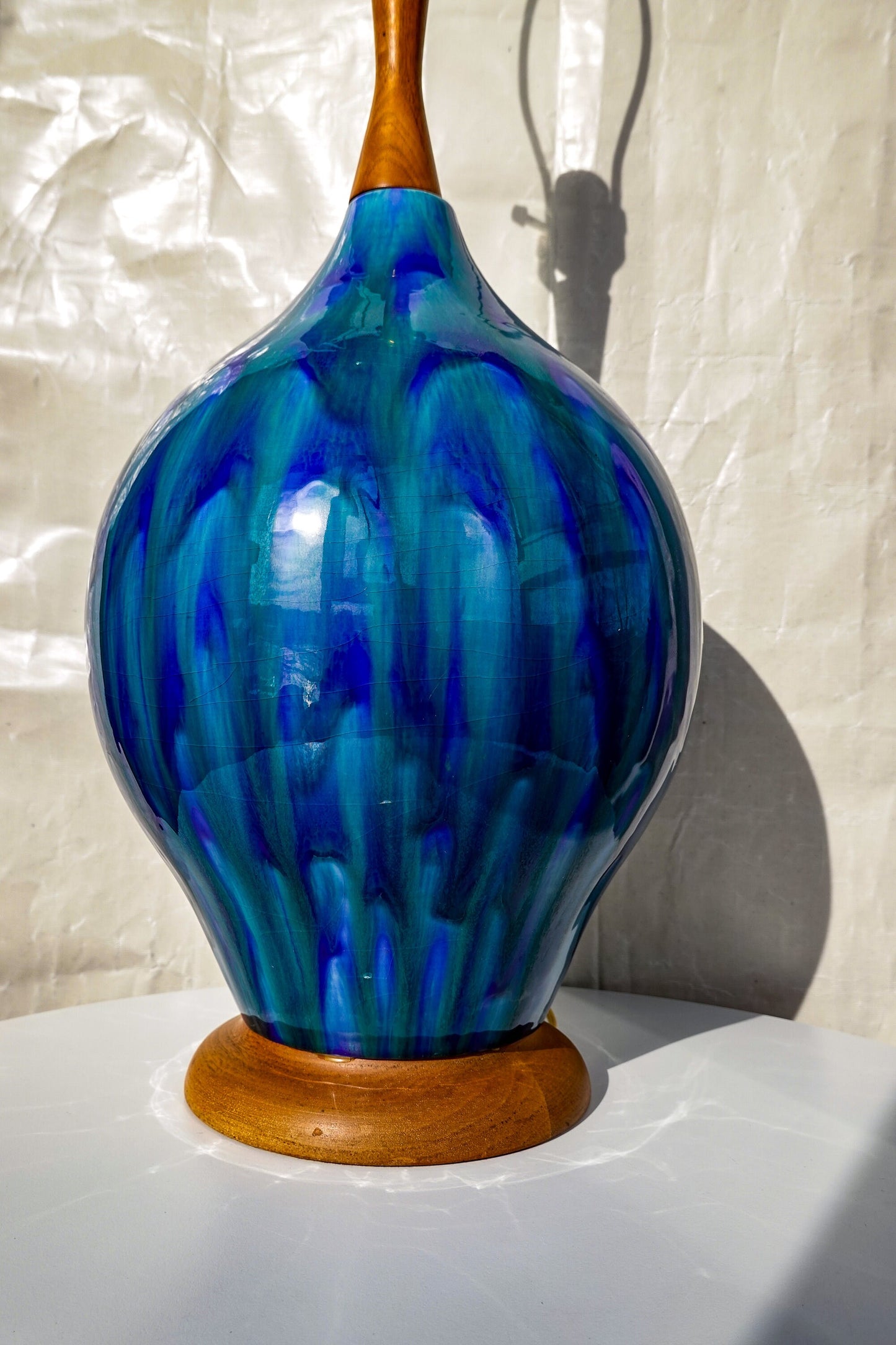 RESERVED 60's Atomic Ceramic Turquoise Drip Glaze Lamp - Vintage Mid-Century Large Lamp with Walnut Base and Shaft