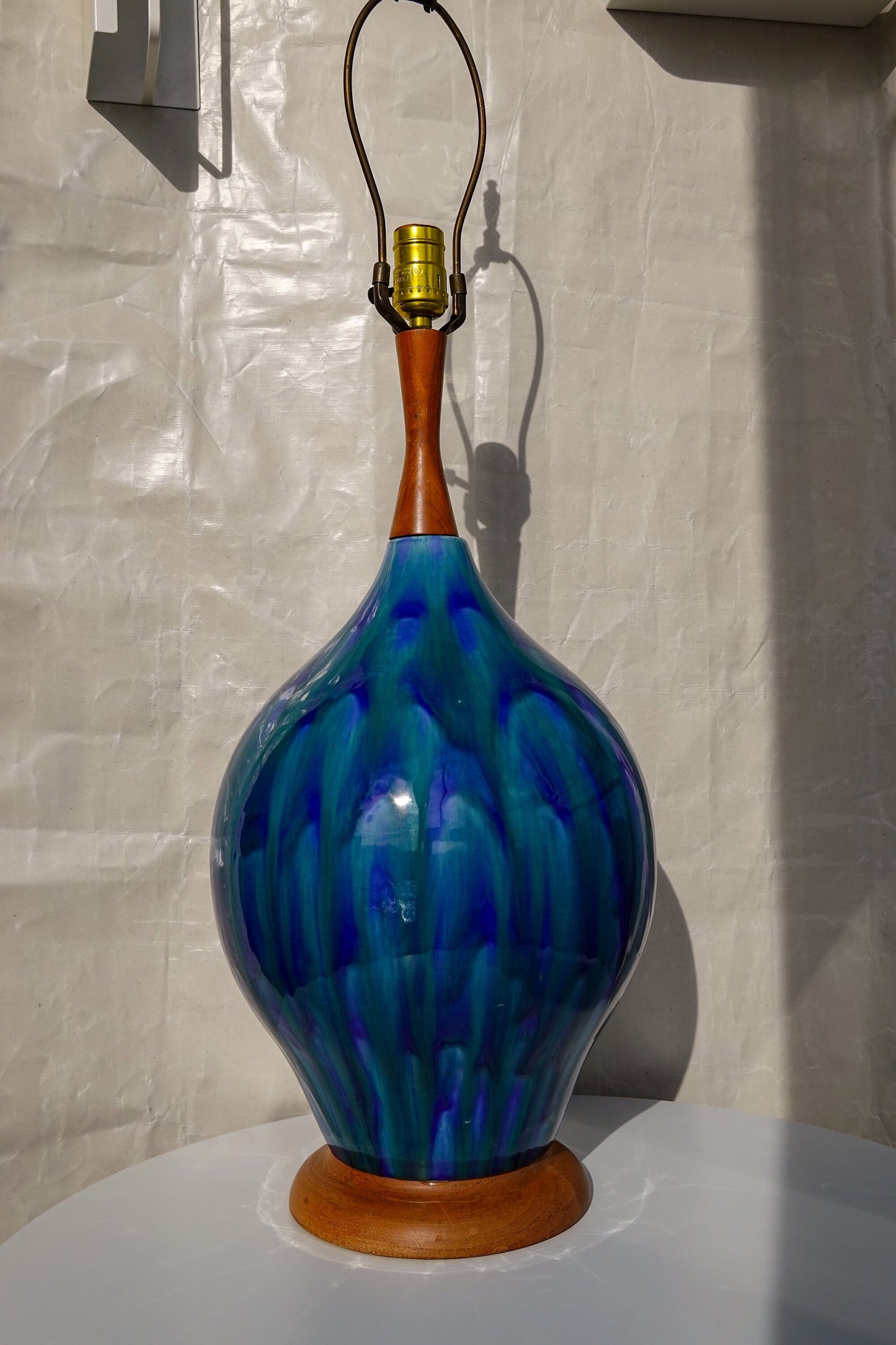 RESERVED 60's Atomic Ceramic Turquoise Drip Glaze Lamp - Vintage Mid-Century Large Lamp with Walnut Base and Shaft