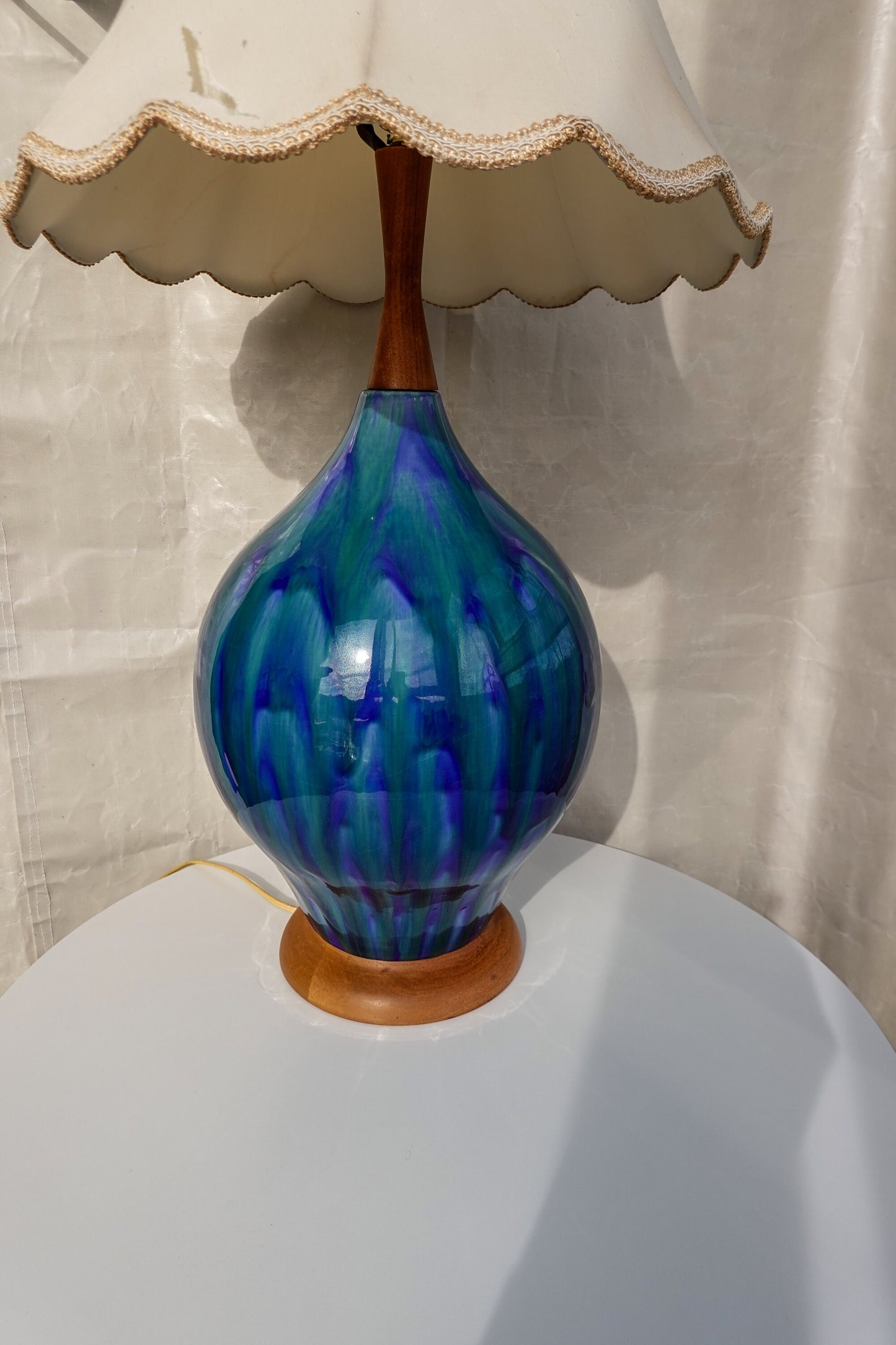 RESERVED 60's Atomic Ceramic Turquoise Drip Glaze Lamp - Vintage Mid-Century Large Lamp with Walnut Base and Shaft