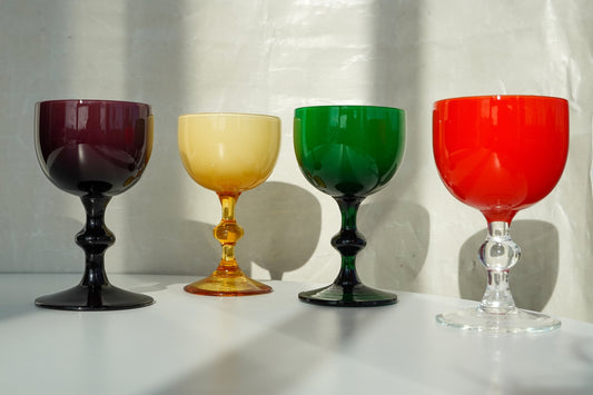 60's Italian Cased Glass Cocktail Glasses - Carlo Moretti Design - Multicolor Vintage Wine Glasses - Set of 4 - Hollywood Regency Cups