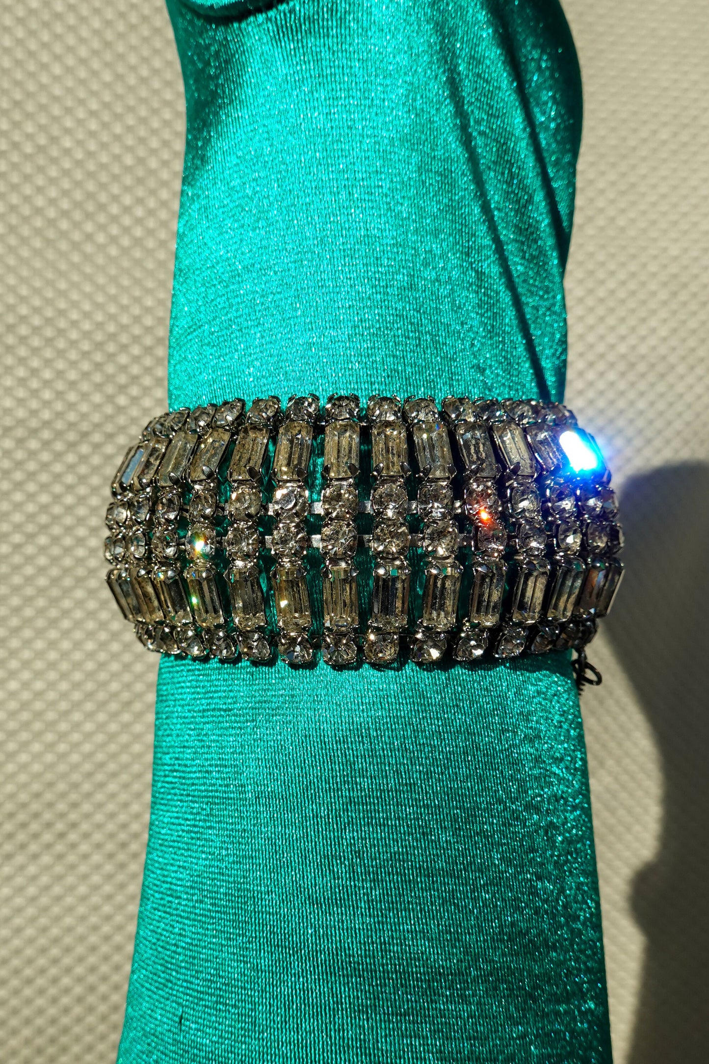 Vintage Weiss Jewelry - Silver and Clear Rhinestone Statement Bracelet - Baguette and Fancy Round Cut Rhinestone Cuff - Deco Style Jewelry