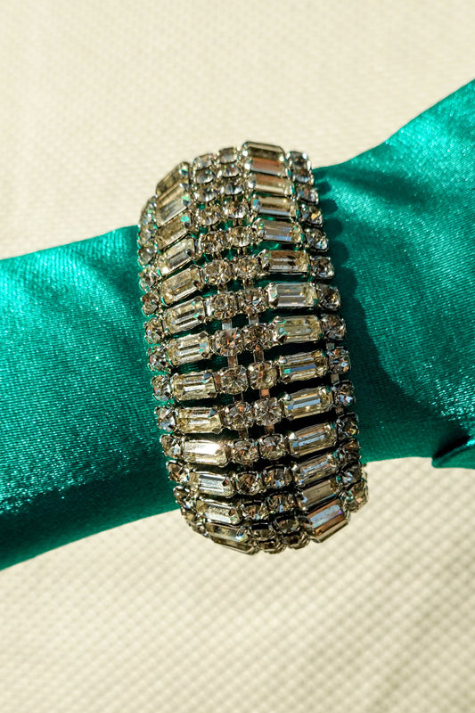 Vintage Weiss Jewelry - Silver and Clear Rhinestone Statement Bracelet - Baguette and Fancy Round Cut Rhinestone Cuff - Deco Style Jewelry