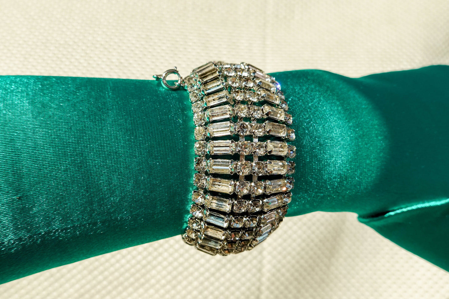 Vintage Weiss Jewelry - Silver and Clear Rhinestone Statement Bracelet - Baguette and Fancy Round Cut Rhinestone Cuff - Deco Style Jewelry