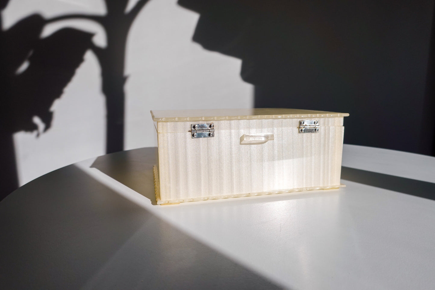 30's Art Deco Pearlized Lucite Vanity Box - Vintage Cream Acrylic Jewelry Box with Scalloped Edges and Lid