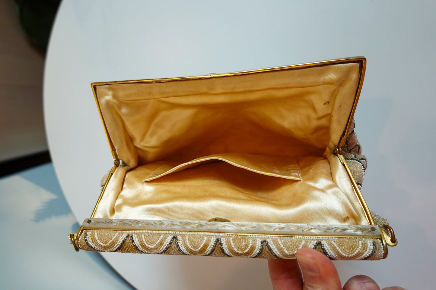 30's Beaded, Scalloped Vintage Evening Bag - Handmade in France - Gold, Silver Handmade Formal Bag