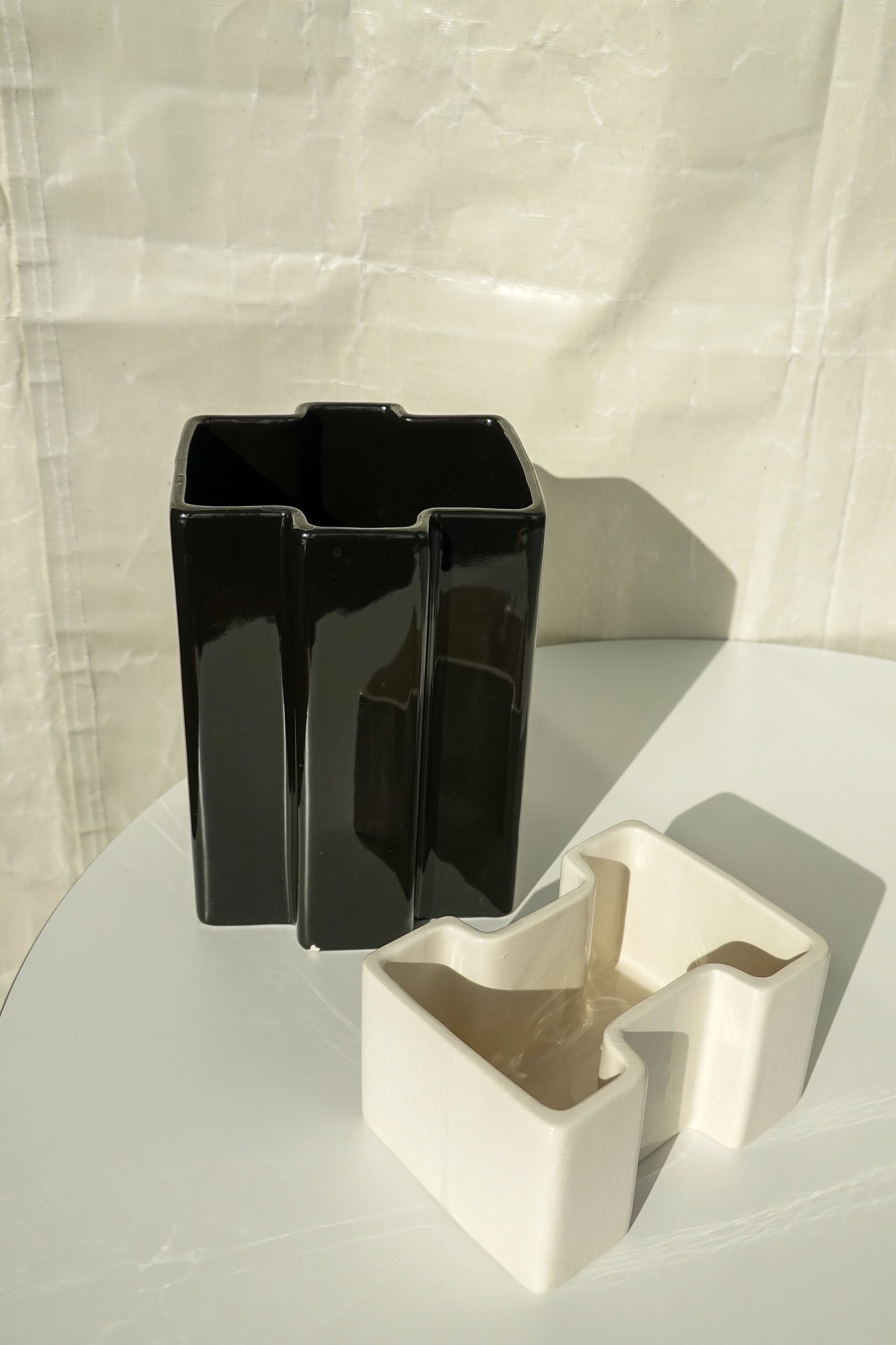 60's Italian Handmade Ceramic Vase Pair - Vintage Geometric Vases - Midcentury Abstract Black and White Vase Pair - Space Age Design