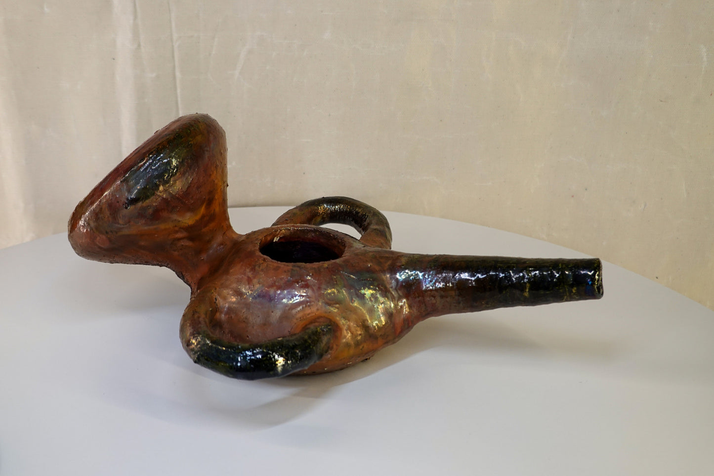 Vintage Iridescent Glaze Ceramic Art Pottery - Abstract Vessel - Gorgeous Patina - Antique Oil Lamp