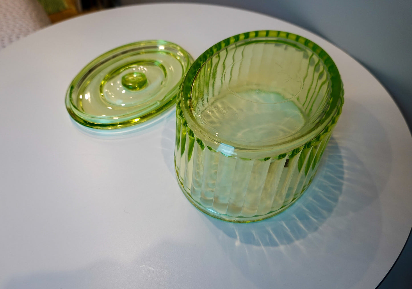 50's Anchor Hocking Ribbed Box with Lid - UV Reactive Vaseline Glass - Vintage Uranium Glass Lidded Box