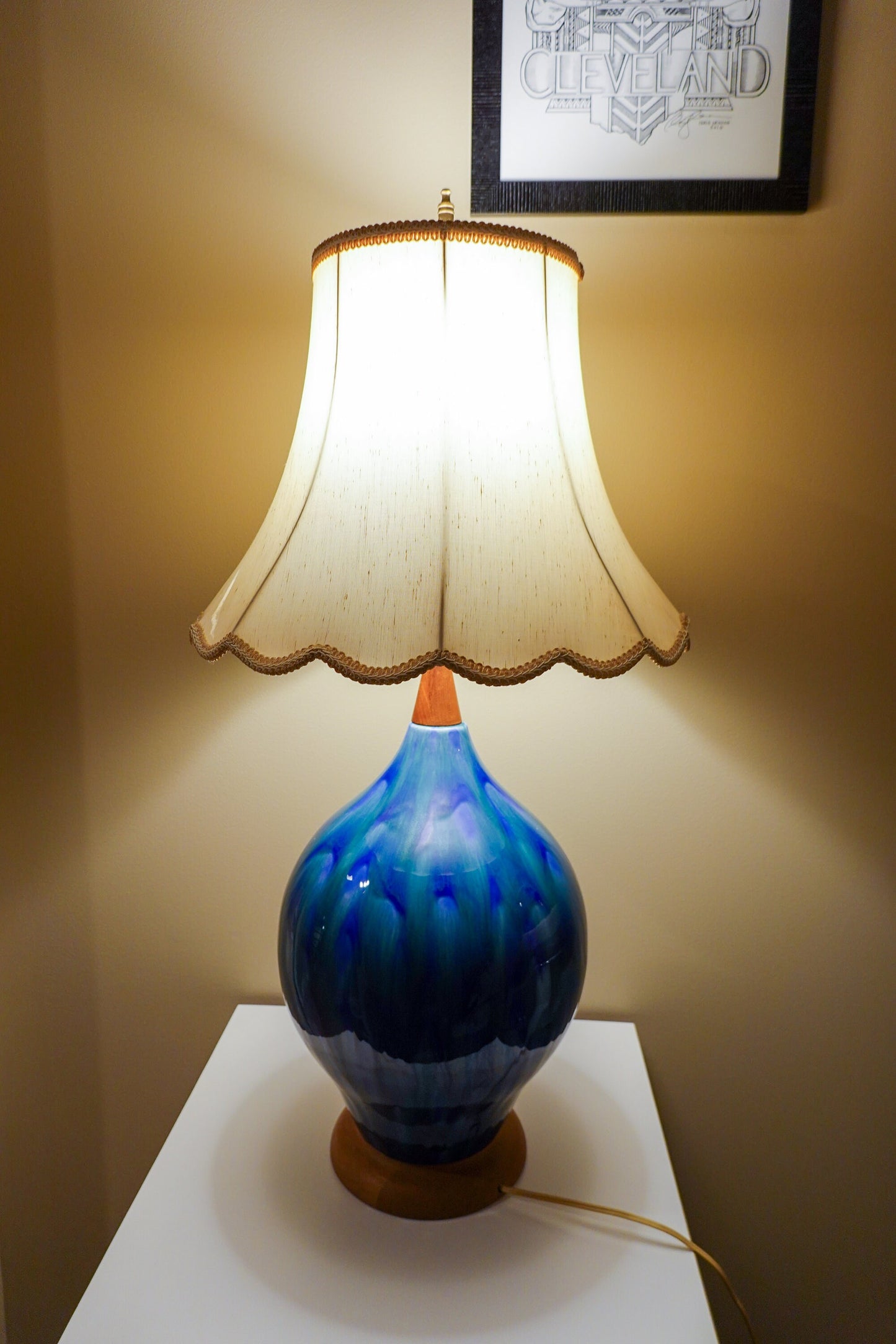 RESERVED 60's Atomic Ceramic Turquoise Drip Glaze Lamp - Vintage Mid-Century Large Lamp with Walnut Base and Shaft