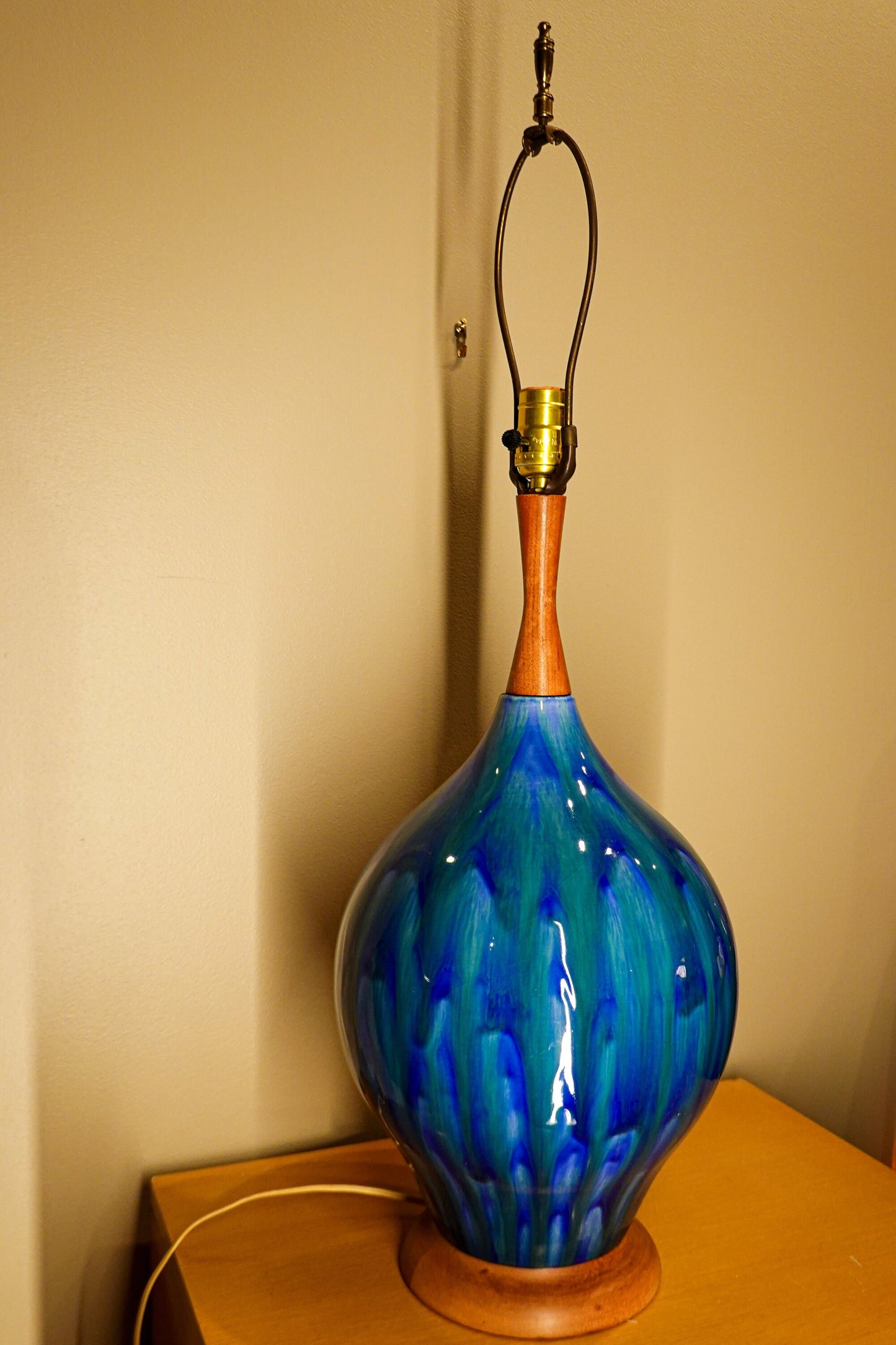 RESERVED 60's Atomic Ceramic Turquoise Drip Glaze Lamp - Vintage Mid-Century Large Lamp with Walnut Base and Shaft