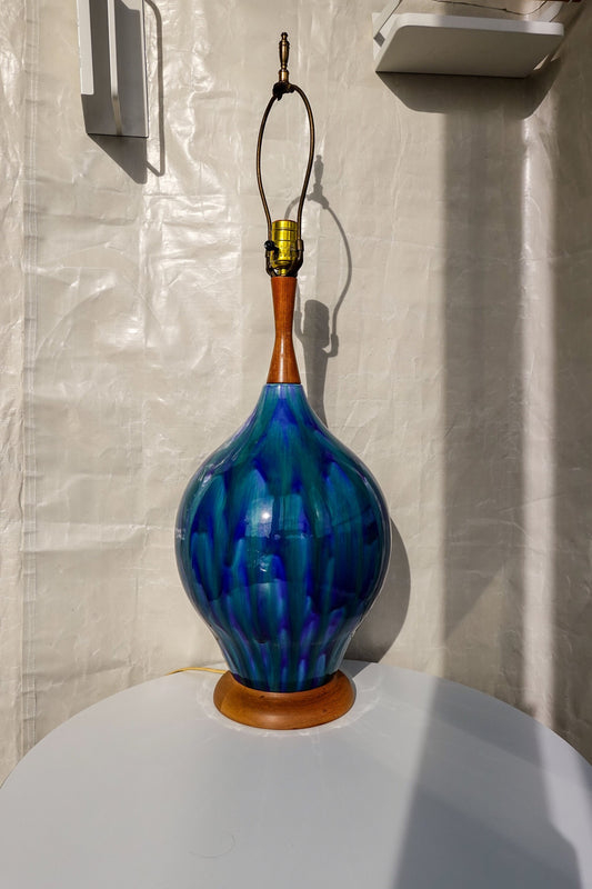 RESERVED 60's Atomic Ceramic Turquoise Drip Glaze Lamp - Vintage Mid-Century Large Lamp with Walnut Base and Shaft