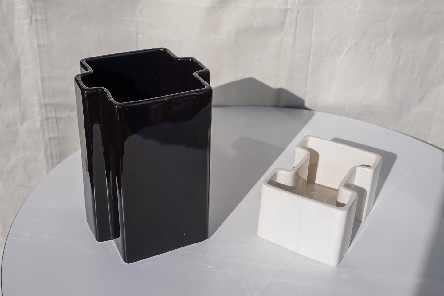 60's Italian Handmade Ceramic Vase Pair - Vintage Geometric Vases - Midcentury Abstract Black and White Vase Pair - Space Age Design