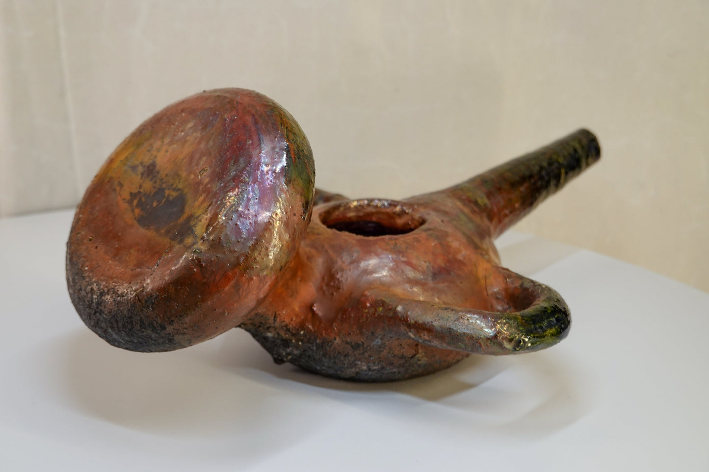 Vintage Iridescent Glaze Ceramic Art Pottery - Abstract Vessel - Gorgeous Patina - Antique Oil Lamp