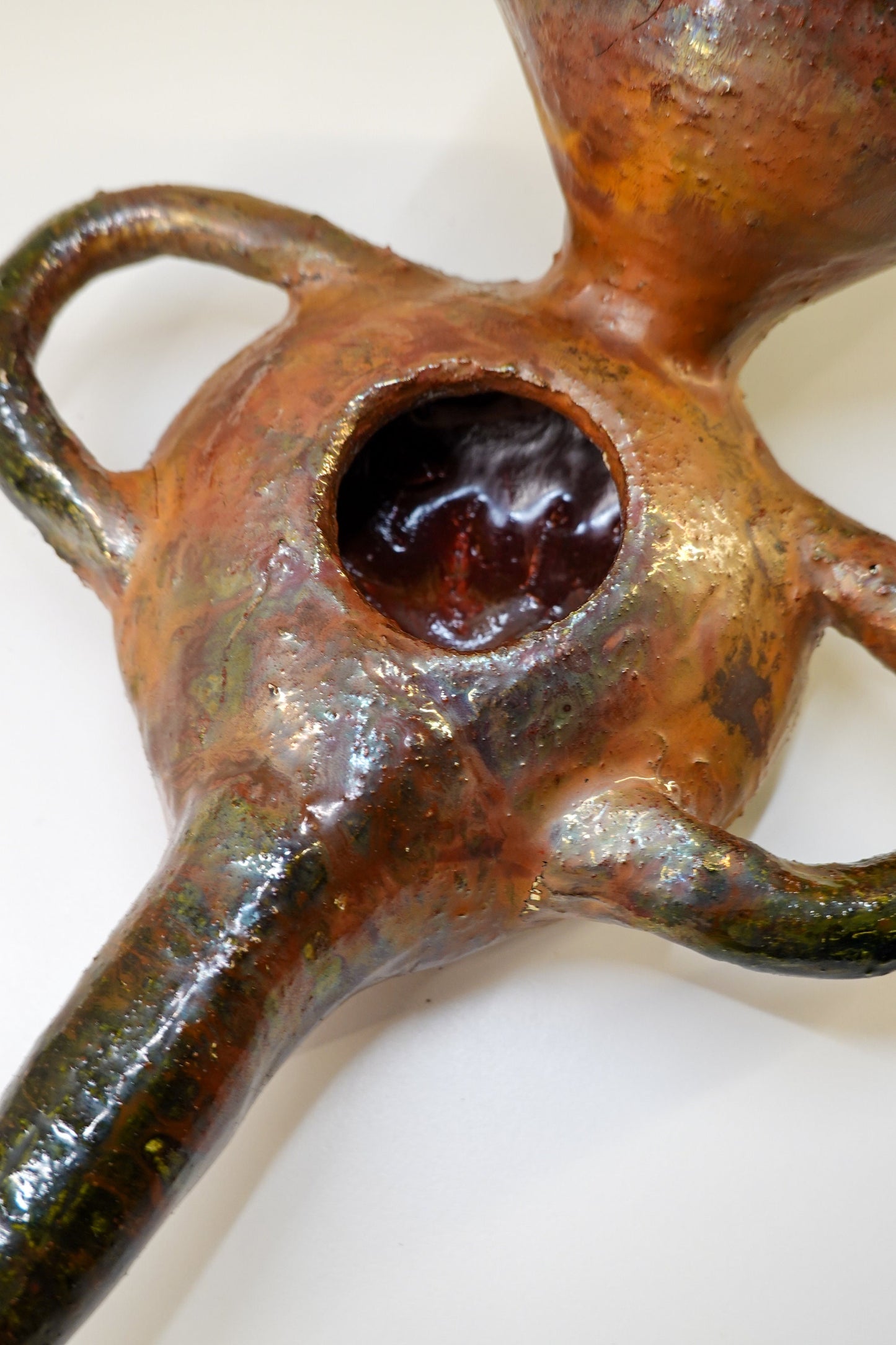 Vintage Iridescent Glaze Ceramic Art Pottery - Abstract Vessel - Gorgeous Patina - Antique Oil Lamp