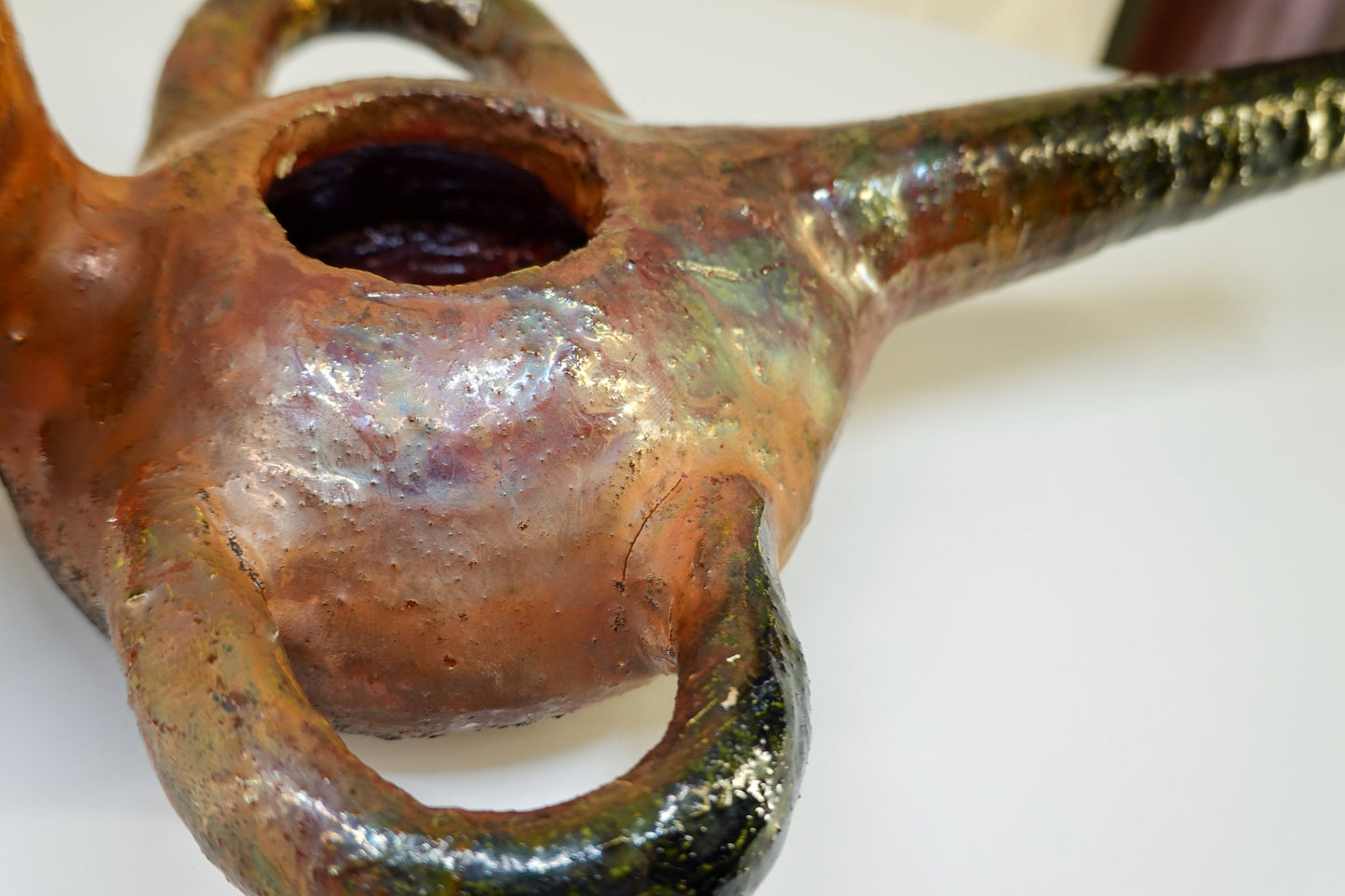 Vintage Iridescent Glaze Ceramic Art Pottery - Abstract Vessel - Gorgeous Patina - Antique Oil Lamp