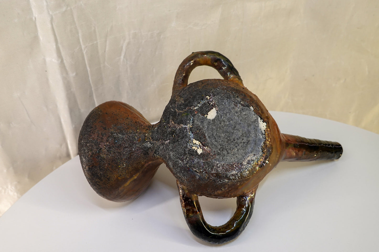 Vintage Iridescent Glaze Ceramic Art Pottery - Abstract Vessel - Gorgeous Patina - Antique Oil Lamp