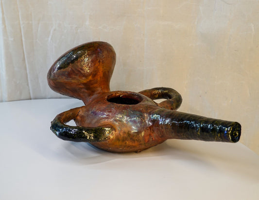 Vintage Iridescent Glaze Ceramic Art Pottery - Abstract Vessel - Gorgeous Patina - Antique Oil Lamp