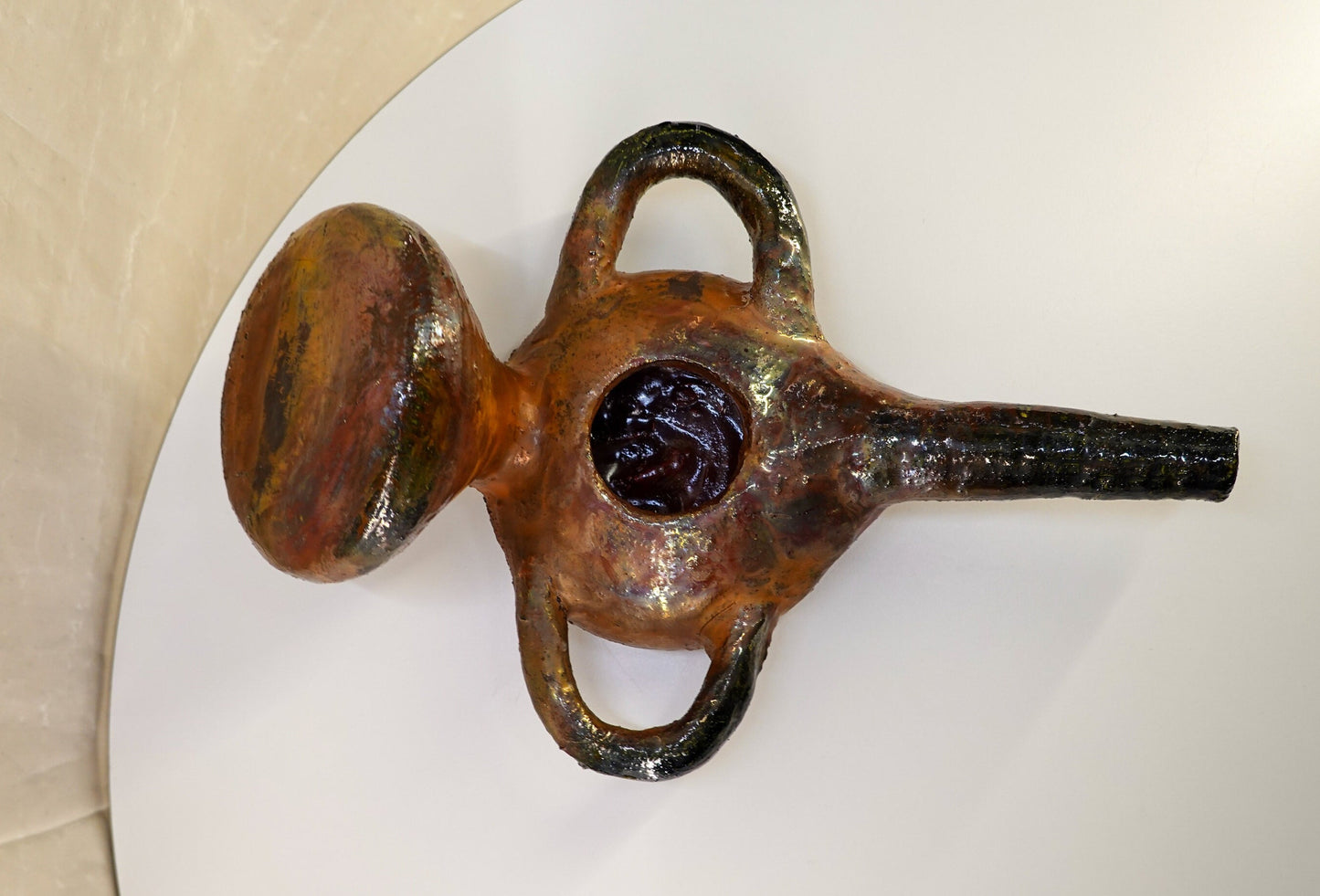 Vintage Iridescent Glaze Ceramic Art Pottery - Abstract Vessel - Gorgeous Patina - Antique Oil Lamp