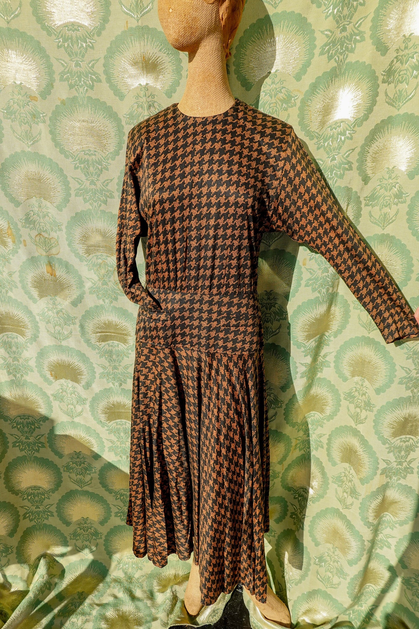 80's Houndstooth Maxi Dress - Vintage Circle Skirt Dress with Pockets, Dolman Sleeves, Shoulder Pads - Medium/Large - By Kasper for A.S.L.