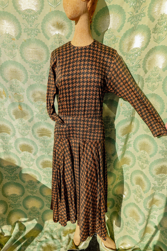 80's Houndstooth Maxi Dress - Vintage Circle Skirt Dress with Pockets, Dolman Sleeves, Shoulder Pads - Medium/Large - By Kasper for A.S.L.