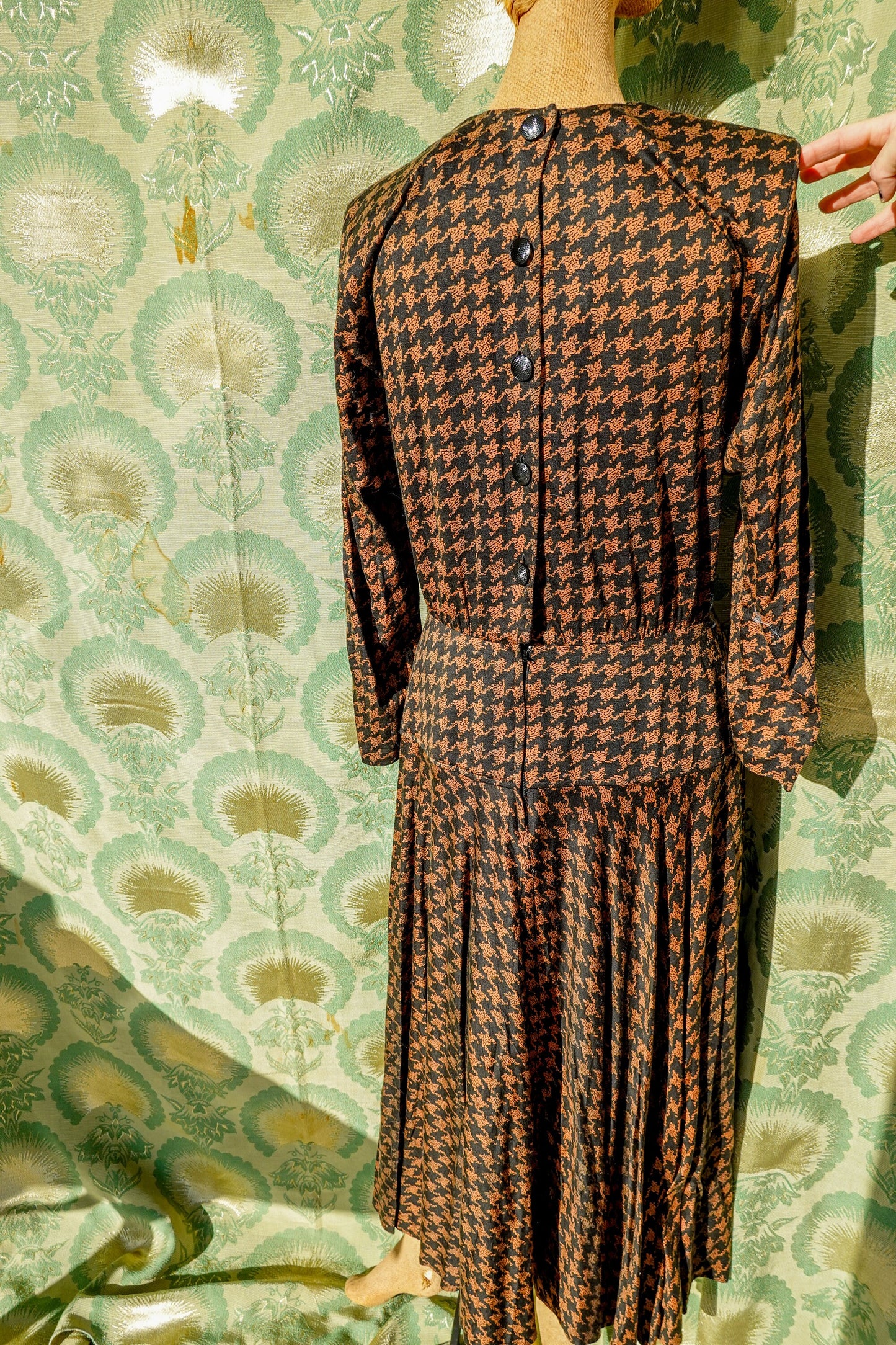 80's Houndstooth Maxi Dress - Vintage Circle Skirt Dress with Pockets, Dolman Sleeves, Shoulder Pads - Medium/Large - By Kasper for A.S.L.