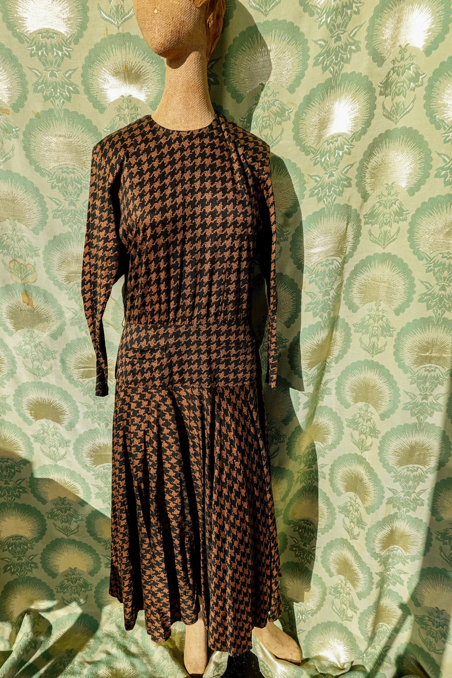 80's Houndstooth Maxi Dress - Vintage Circle Skirt Dress with Pockets, Dolman Sleeves, Shoulder Pads - Medium/Large - By Kasper for A.S.L.
