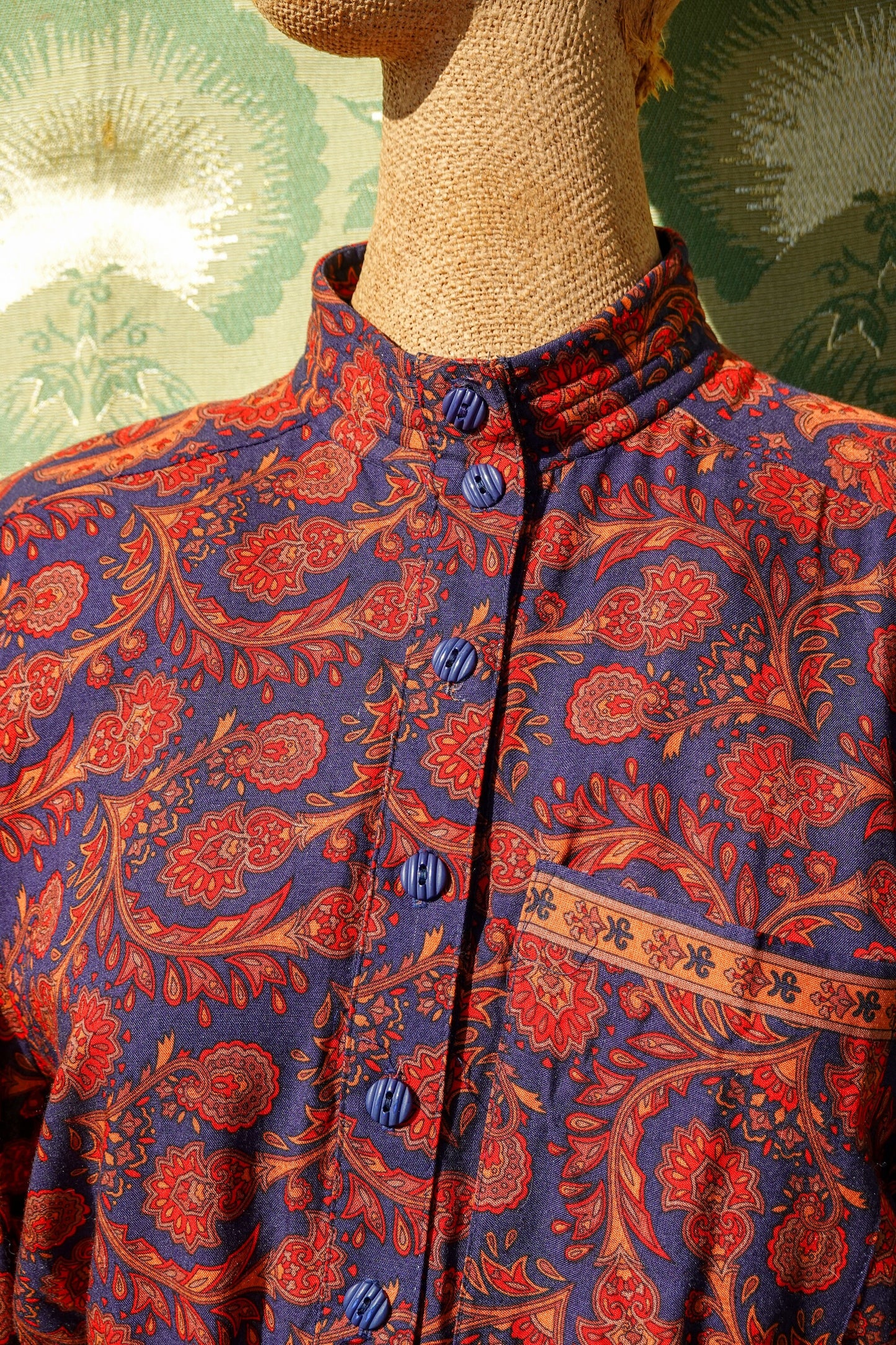80's Paisley Shirt Dress - Vintage Navy and Red Easy Dress - Elastic Waist, High Collar Shirt Dress - by California Girl - Medium/Large