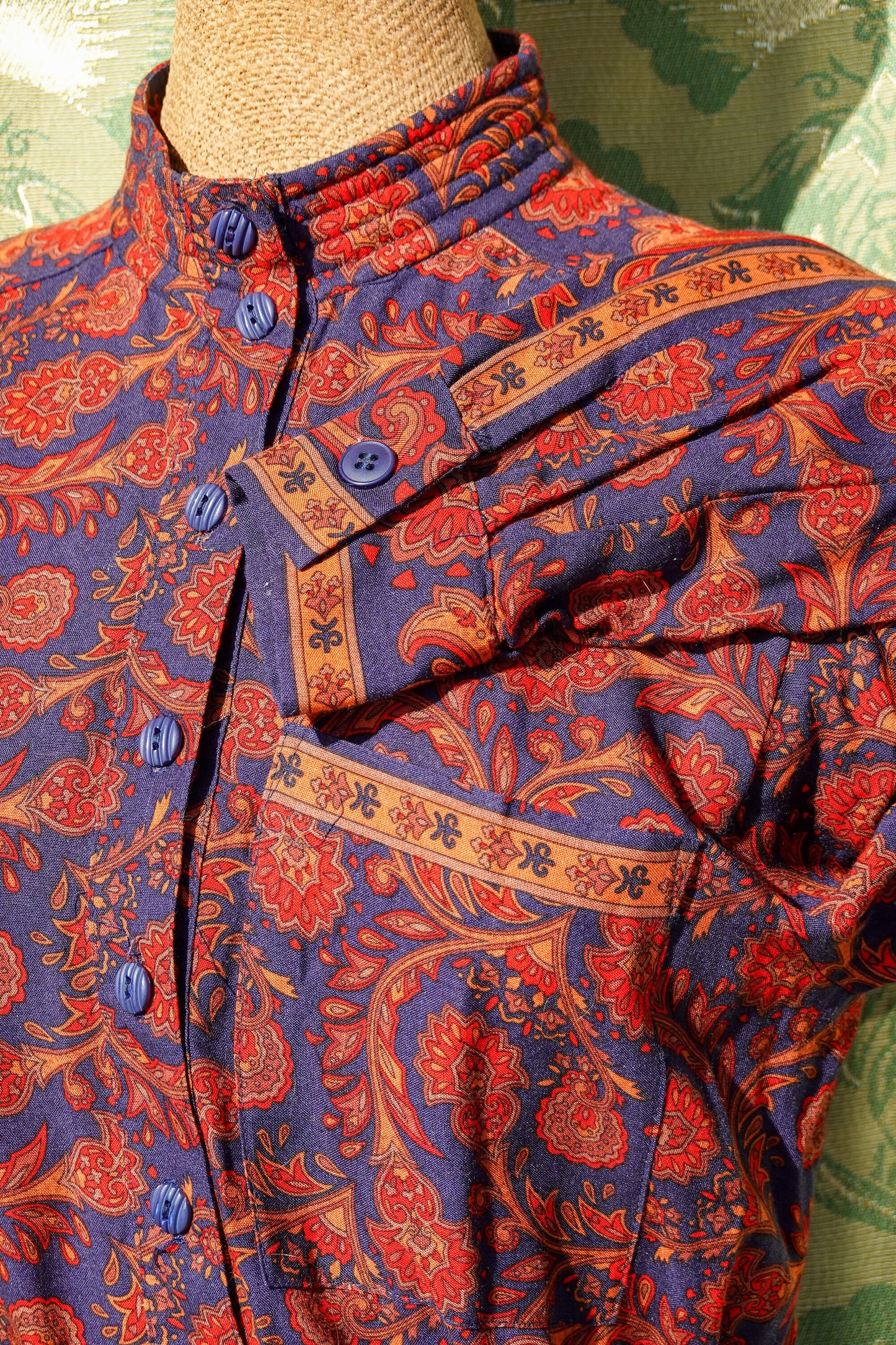 80's Paisley Shirt Dress - Vintage Navy and Red Easy Dress - Elastic Waist, High Collar Shirt Dress - by California Girl - Medium/Large