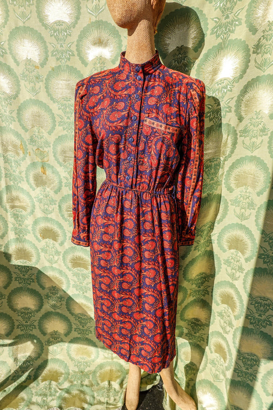 80's Paisley Shirt Dress - Vintage Navy and Red Easy Dress - Elastic Waist, High Collar Shirt Dress - by California Girl - Medium/Large