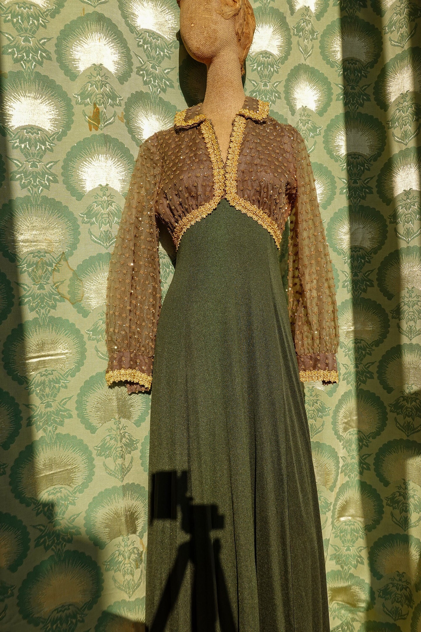 30's Gold & Green Dress - Sheer Balloon Sleeves - Vintage Long Formal Empire Waist Dress - Rare - Small/Medium