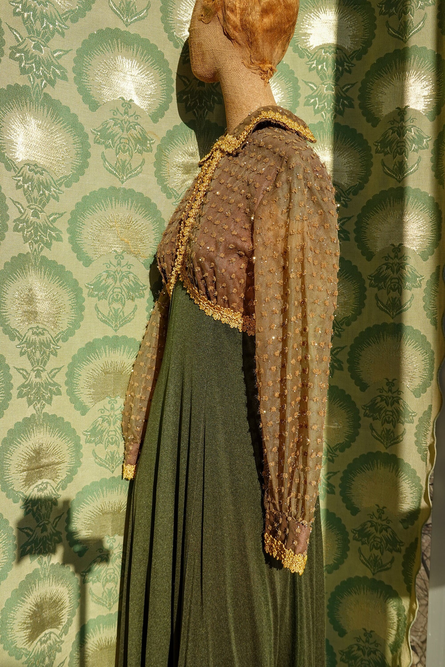 30's Gold & Green Dress - Sheer Balloon Sleeves - Vintage Long Formal Empire Waist Dress - Rare - Small/Medium