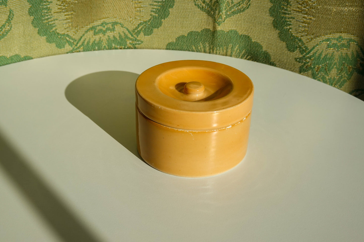 20's Orange Round Ceramic Jar - Art Deco -  Avco Vitrified China - Vintage Lidded Vessel - Vanity, Boudoir Storage