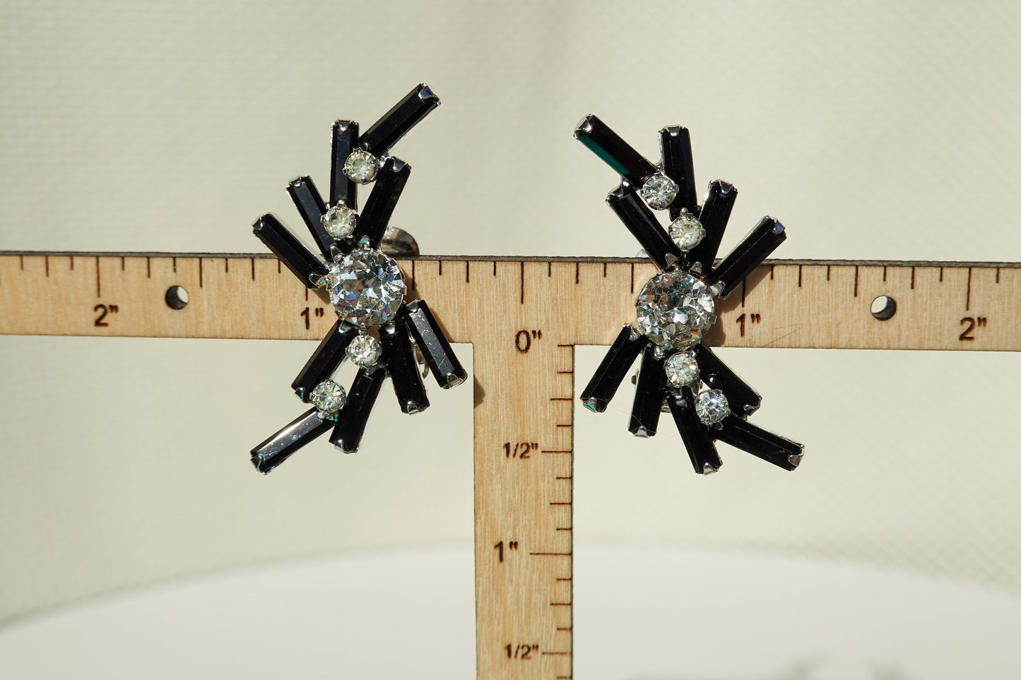 Vintage Weiss Rhinestone Climber Earrings - Black Baguette Rhinestones with Brilliant Cut Clear Rhinestones