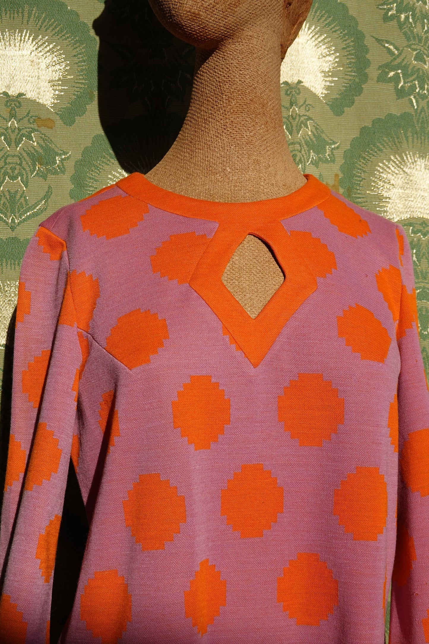 60's Purple & Orange Shift with Peak-a-boo Front - Vintage Knit Bright Geometric Short Dress - Domani Knits - Small/Medium