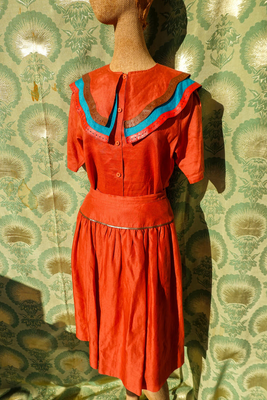70's Linen & Leather Skirt Set - Vintage Bold Statement Collar Leather Trimmed - Two Piece Set - Giulliana - Small/Medium