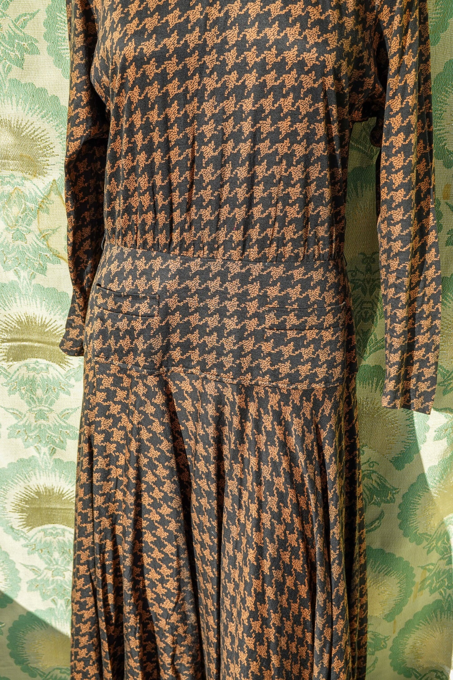 80's Houndstooth Maxi Dress - Vintage Circle Skirt Dress with Pockets, Dolman Sleeves, Shoulder Pads - Medium/Large - By Kasper for A.S.L.