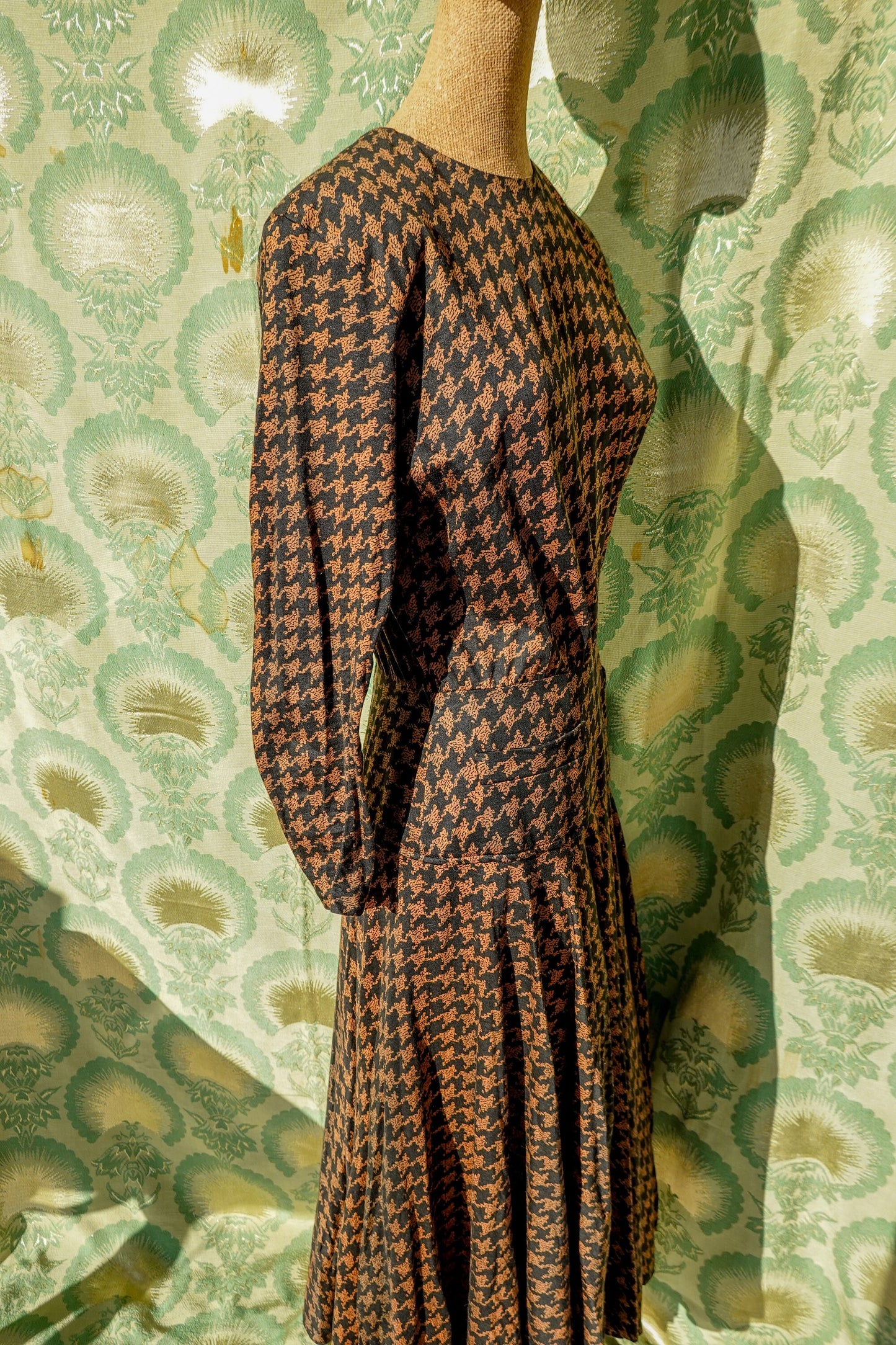 80's Houndstooth Maxi Dress - Vintage Circle Skirt Dress with Pockets, Dolman Sleeves, Shoulder Pads - Medium/Large - By Kasper for A.S.L.