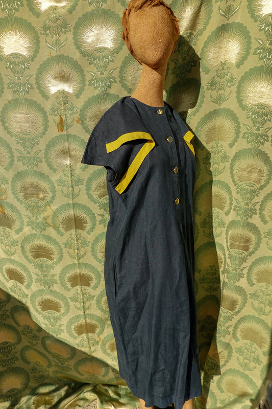 70's Italian Linen Dress - Cap Sleeve Button Up Dress - Medium/Large