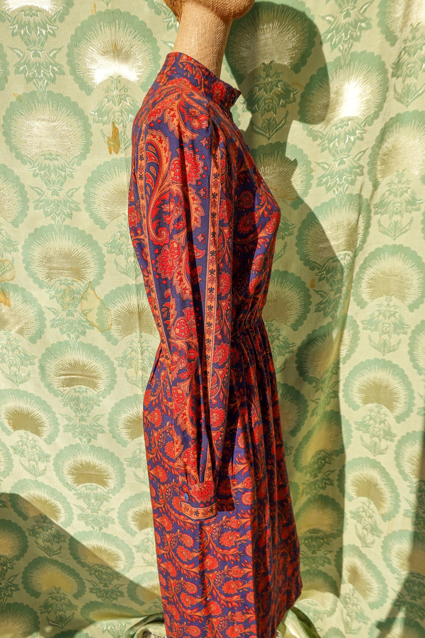 80's Paisley Shirt Dress - Vintage Navy and Red Easy Dress - Elastic Waist, High Collar Shirt Dress - by California Girl - Medium/Large
