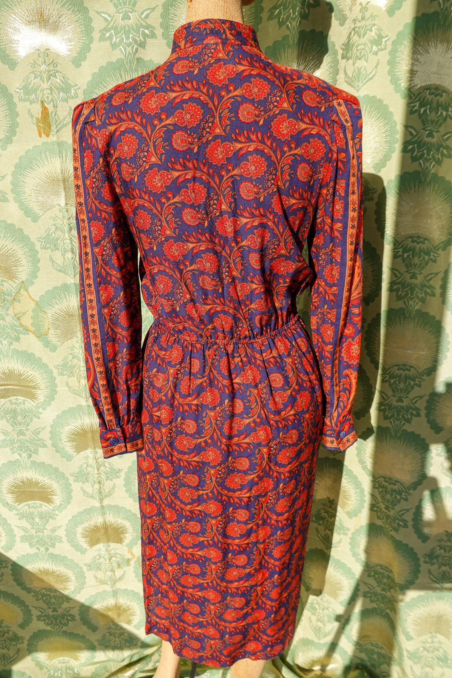 80's Paisley Shirt Dress - Vintage Navy and Red Easy Dress - Elastic Waist, High Collar Shirt Dress - by California Girl - Medium/Large