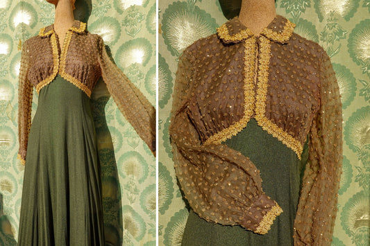 30's Gold & Green Dress - Sheer Balloon Sleeves - Vintage Long Formal Empire Waist Dress - Rare - Small/Medium
