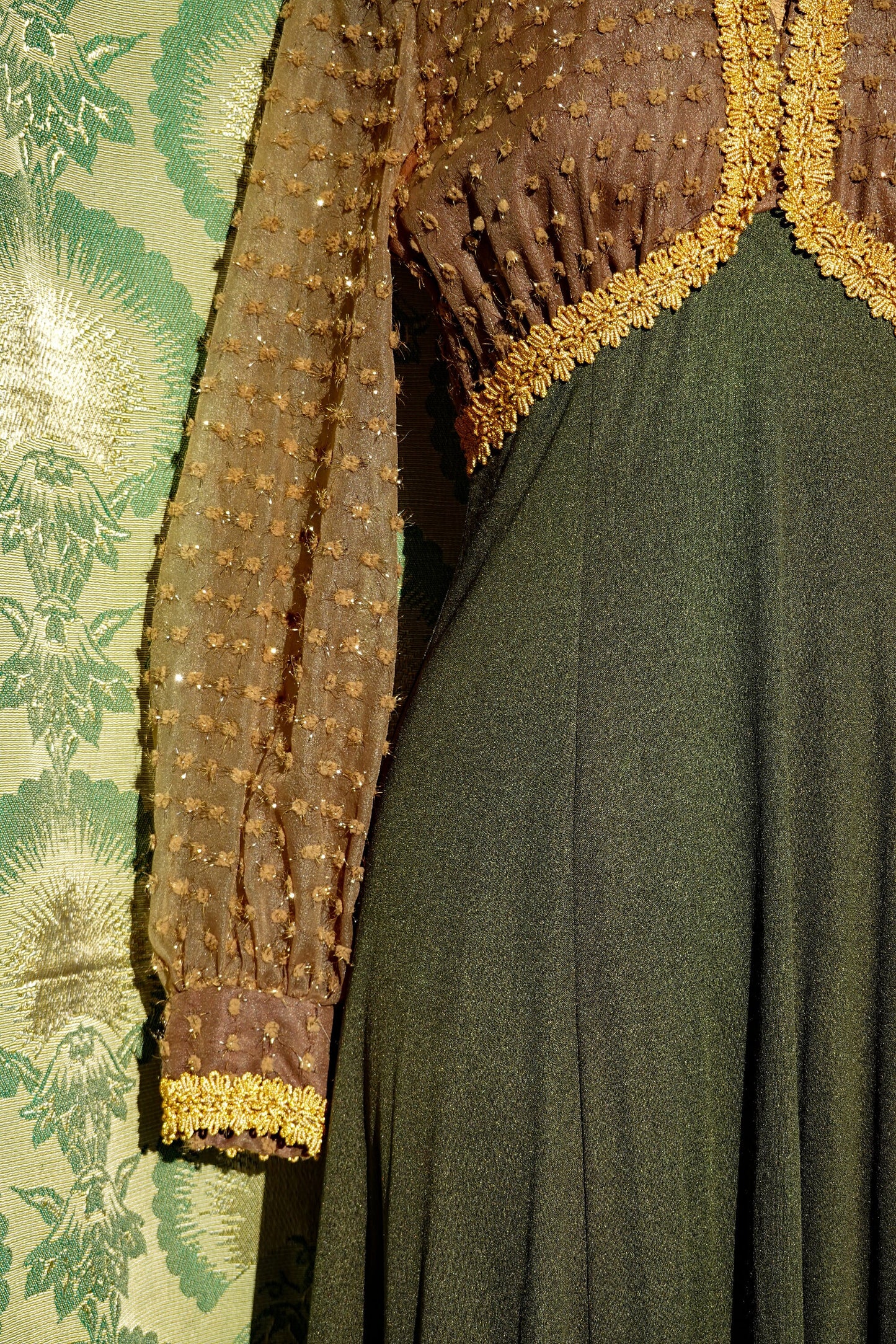 30's Gold & Green Dress - Sheer Balloon Sleeves - Vintage Long Formal Empire Waist Dress - Rare - Small/Medium