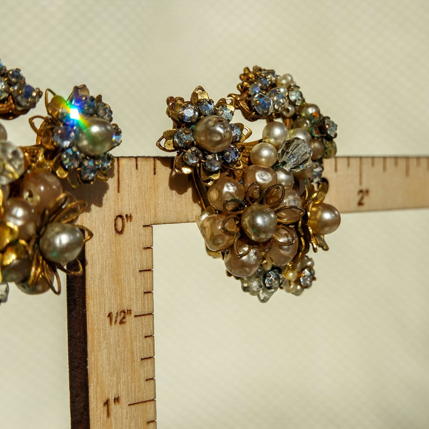 50's Eugene Bouquet Earrings - Filigree Ornate Gold Tone Statement Rhinestone & Pearl Earrings