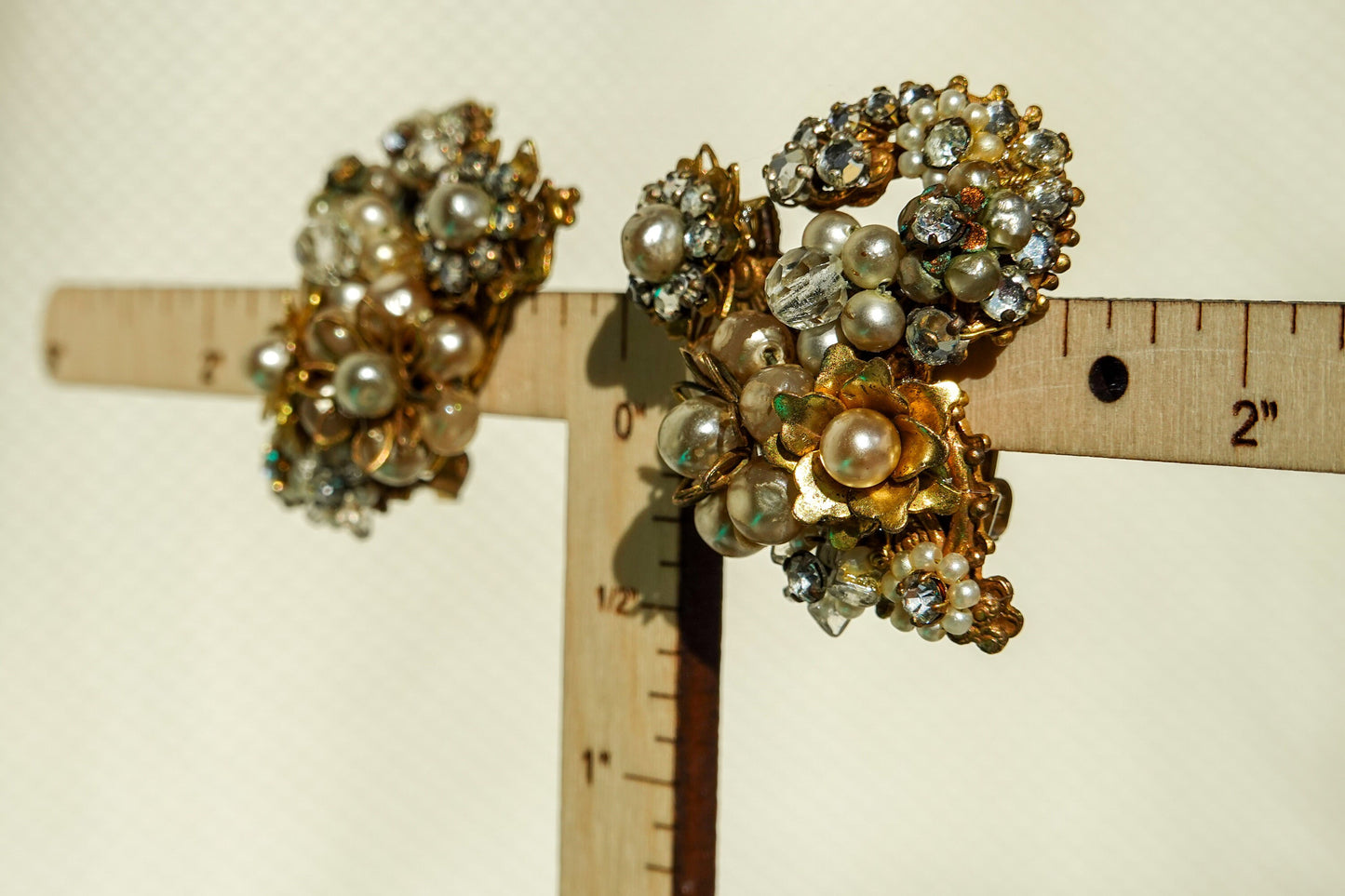 50's Eugene Bouquet Earrings - Filigree Ornate Gold Tone Statement Rhinestone & Pearl Earrings