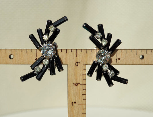 Vintage Weiss Rhinestone Climber Earrings - Black Baguette Rhinestones with Brilliant Cut Clear Rhinestones